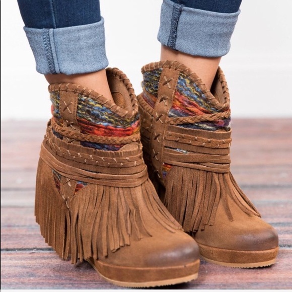 Tan Braided Stitched Boho Fringe Ankle Booties - Picture 2 of 6